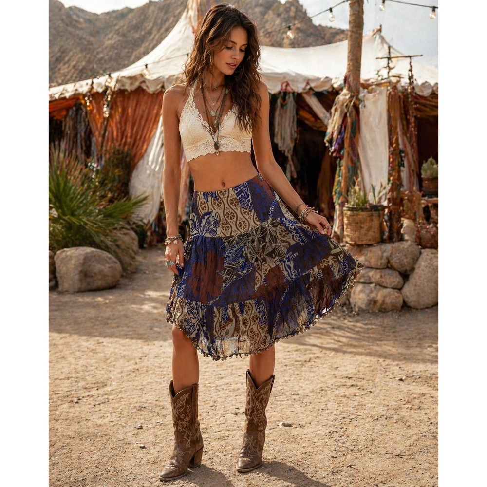 Boho Tiered Silk Skirt Petite 6P Blue Brown Patchwork Beaded Festival Fairy ECI